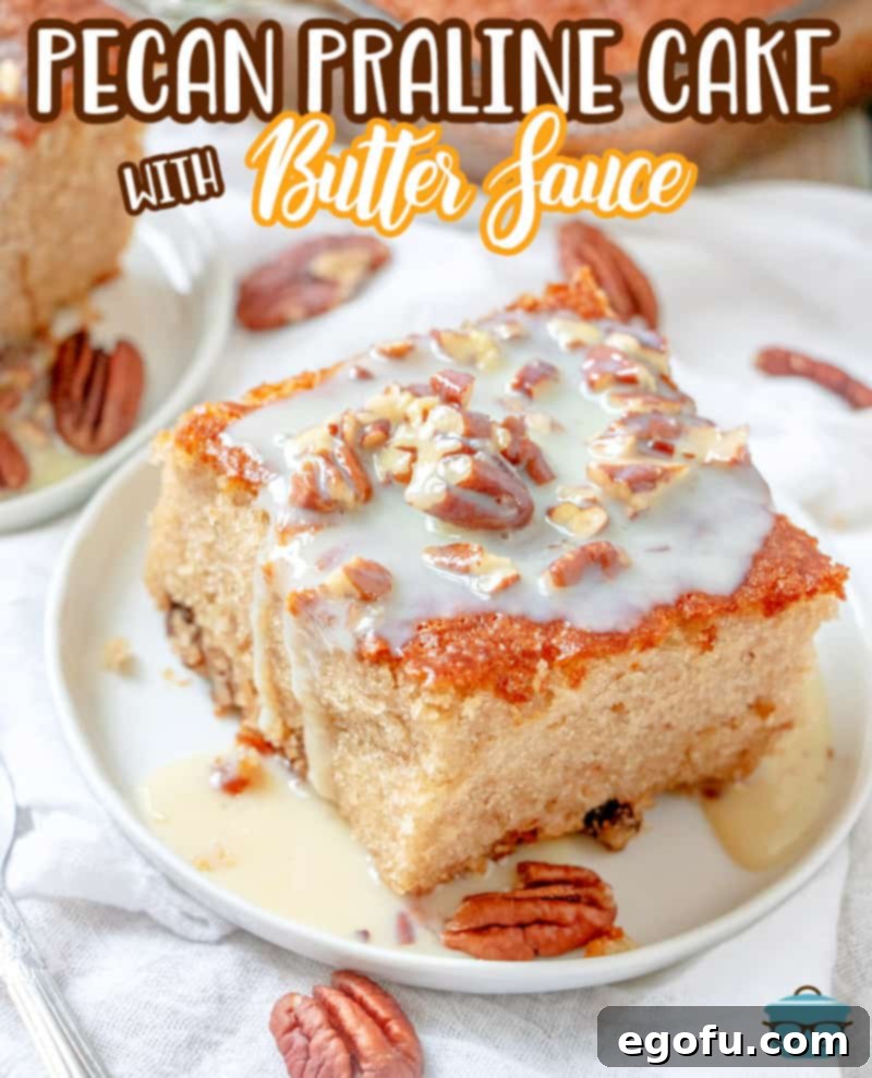 Two enticing slices of pecan praline cake, artfully arranged on small white plates, each generously drizzled with a sweet condensed milk sauce and adorned with chopped pecans. The remaining full cake in its baking dish provides a luscious backdrop.