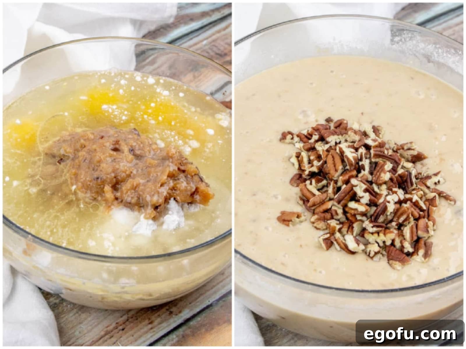 A step-by-step collage showing the process of making Southern Pecan Praline Cake: butter pecan cake mix, coconut pecan frosting, eggs, and oil being combined in a large mixing bowl, followed by the addition of chopped pecans to the cake batter.