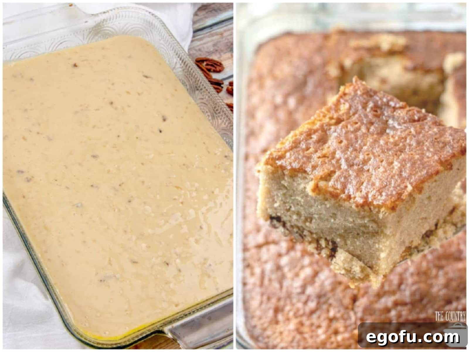 A collage of two photos: cake batter poured into a baking dish and a fully baked cake with a slice being held up by a spatula.