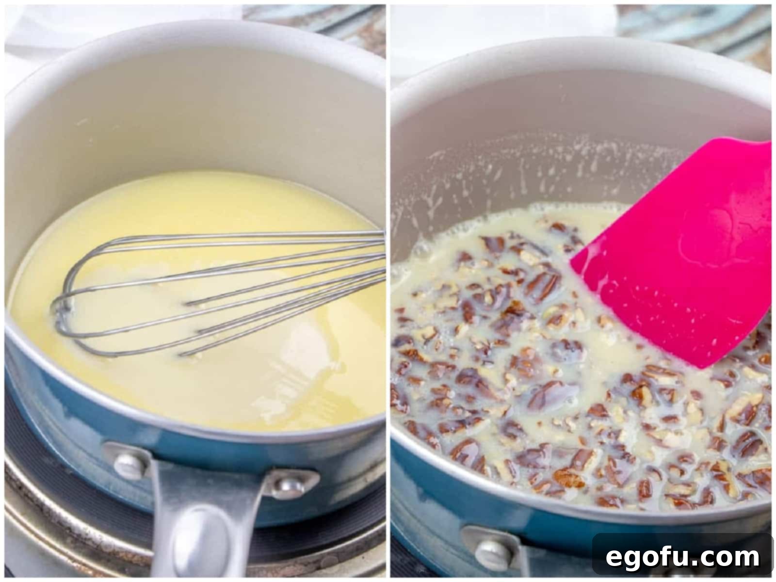 A two-part image showing the process of making the butter sauce: sweetened condensed milk and melted butter being whisked in a pan, followed by the addition of chopped pecans to the warm sauce.