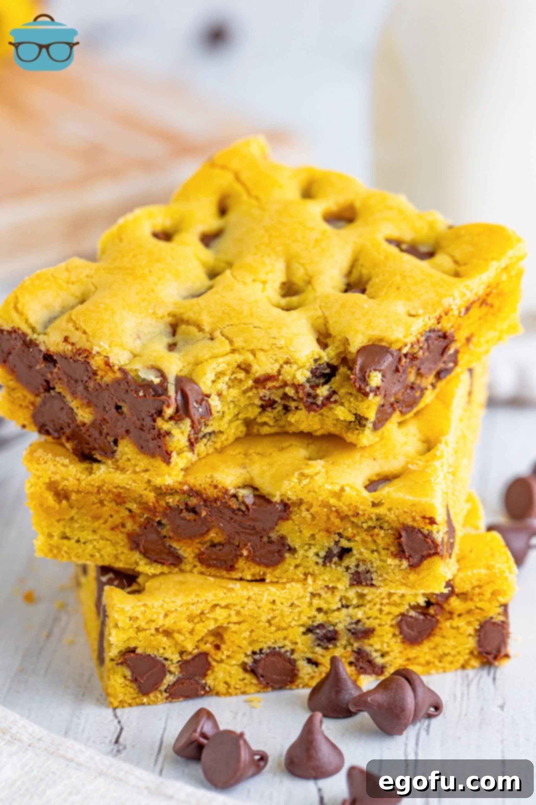 A small stack of Lazy Chocolate Chip Cookie Bars.