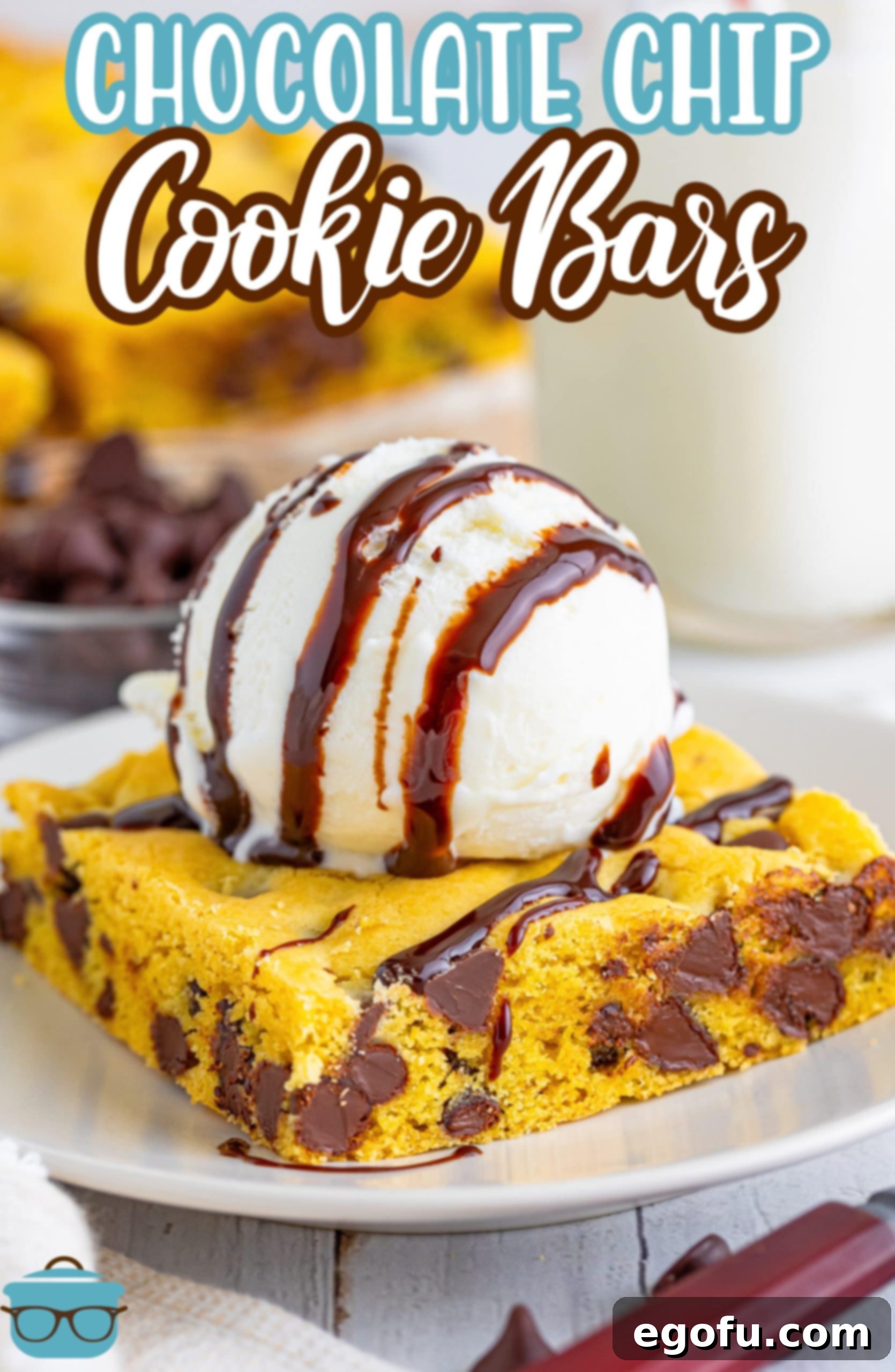 A scoop of ice cream on top of a Lazy Chocolate Chip Cookie.