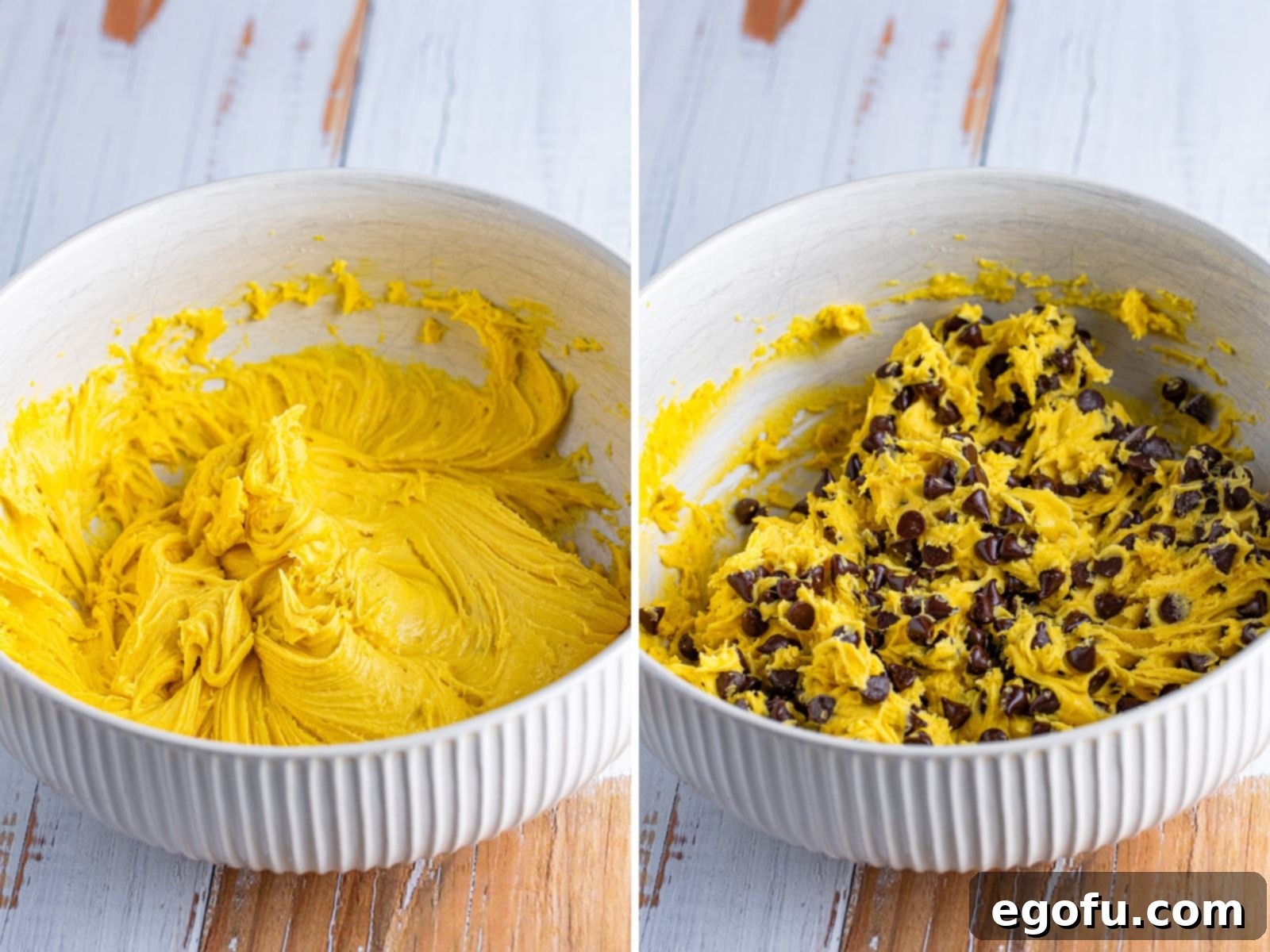 A bowl of Cake mix batter and chocolate chip cake mix batter in another bowl.