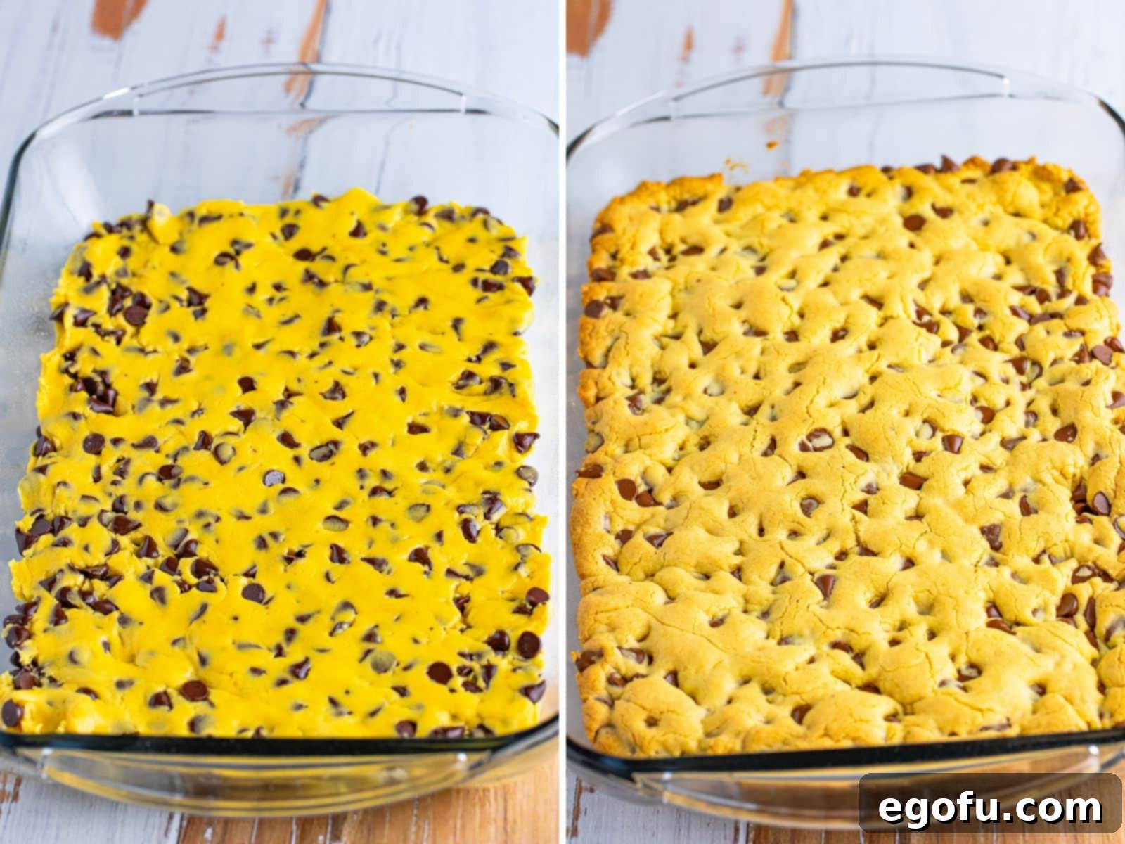 Lazy chocolate chip cookie bars unabked in a dish and a baked chocolate chip cookie bars uncut in a dish.