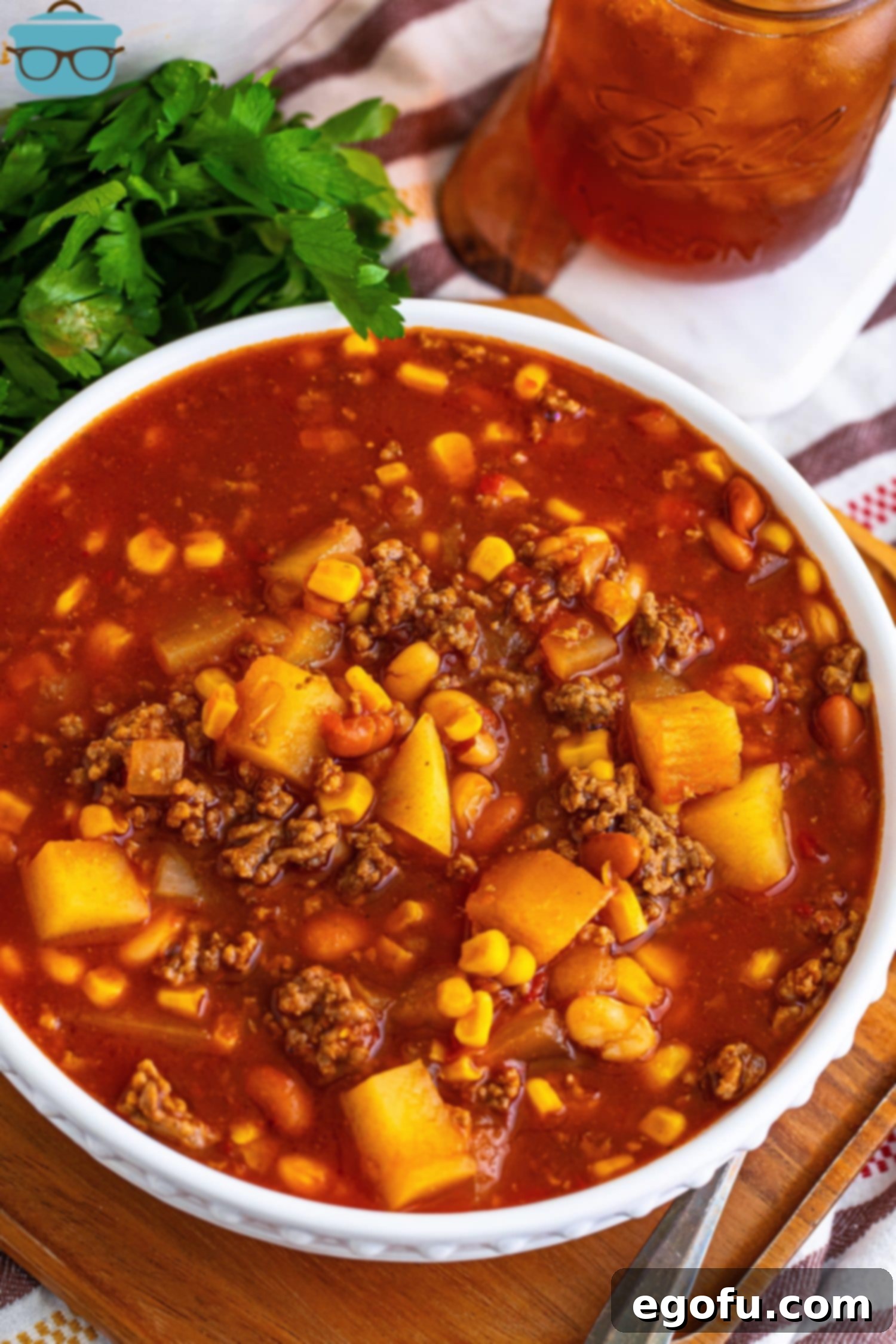 Looking down on a bowl of Brunswick Stew.