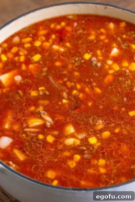 Freshly stirred Brunswick Stew in a pot.