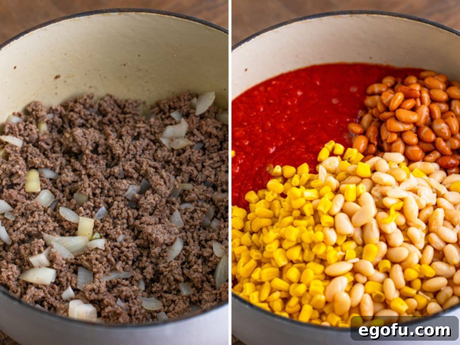 Ground beef and onion in a pot and then all the ingredients for this stew minus potatoes. 
