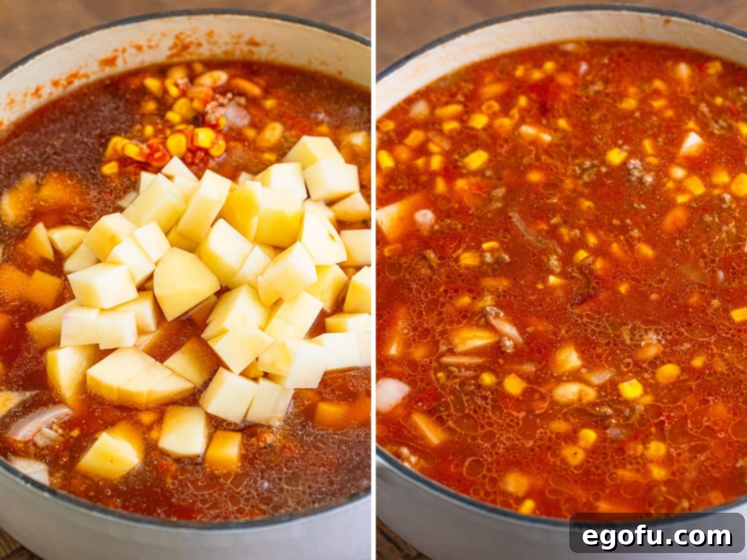 Potatoes being added to a stew and a pot of Brunswick Stew stirred together.