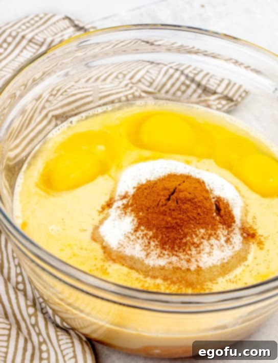 Pumpkin, eggs, sugar, evaporated milk, and cinnamon in a bowl before mixing.