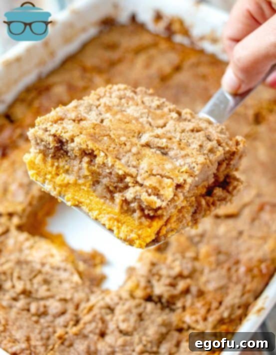 Pumpkin Dump Cake in baking pan, with a slice already served.