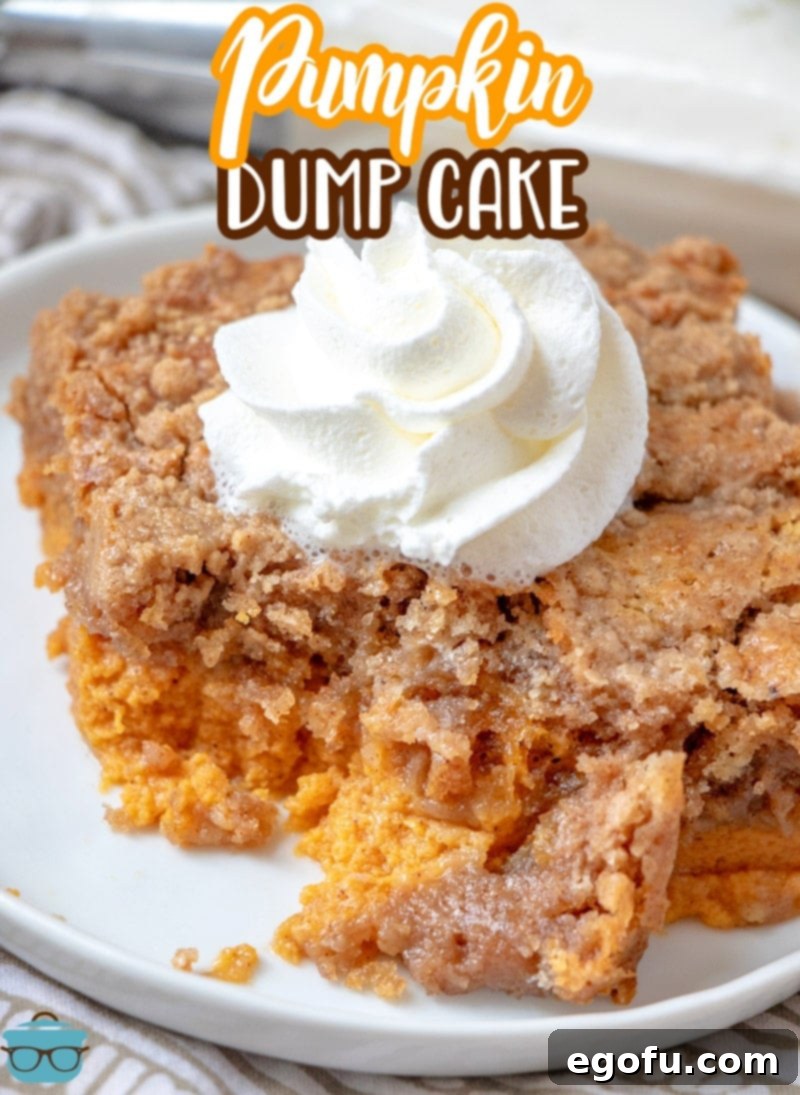 A close-up photo of a slice of pumpkin dump cake with a small piece taken out with a fork on a white plate, inviting a taste.