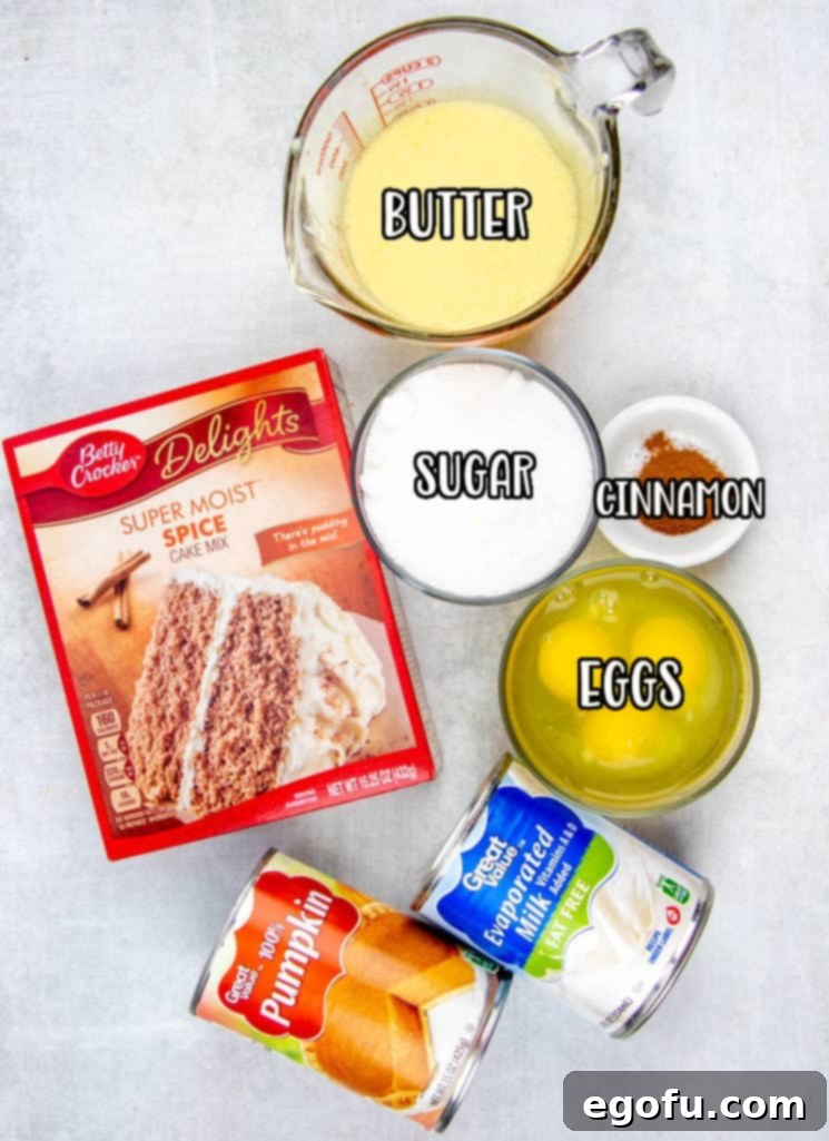 A flat lay photograph showing all the ingredients for Pumpkin Dump Cake: canned pumpkin puree, evaporated milk, eggs, sugar, ground cinnamon, spice cake mix, and unsalted butter.