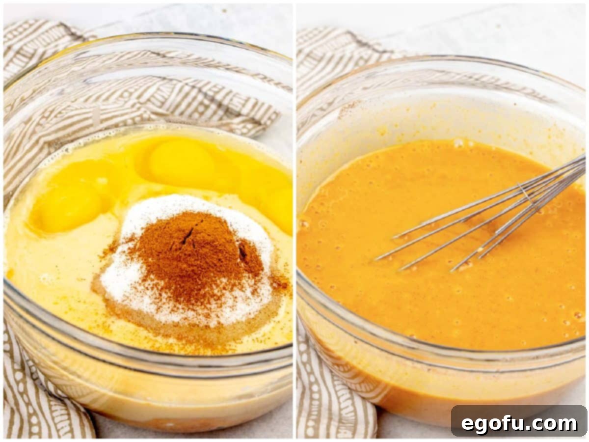 A collage of two photos: a bowl containing evaporated milk, eggs, sugar, pumpkin puree, and cinnamon before mixing, and the same ingredients fully mixed into a smooth, liquid pumpkin batter.