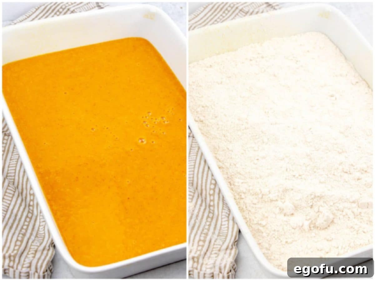 A collage of two photos: the liquid pumpkin batter poured into a baking dish, and dry spice cake mix sprinkled evenly over the pumpkin layer.