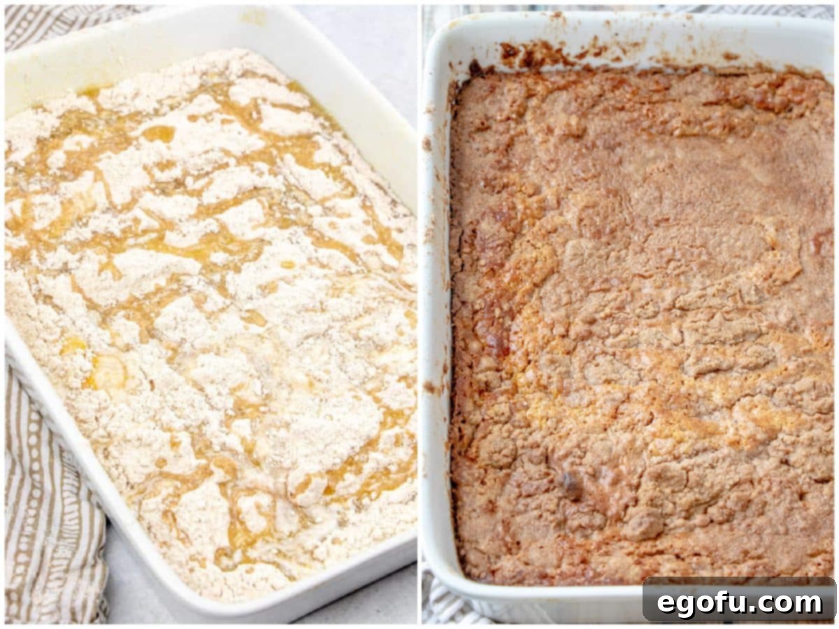 A collage of two photos: melted butter being drizzled over the dry cake mix, and the finished, golden-brown Pumpkin Dump Cake fresh out of the oven.