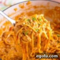 Close-up of a pasta scoop lifting One Pot Taco Spaghetti from the pot, showing the rich, cheesy sauce.