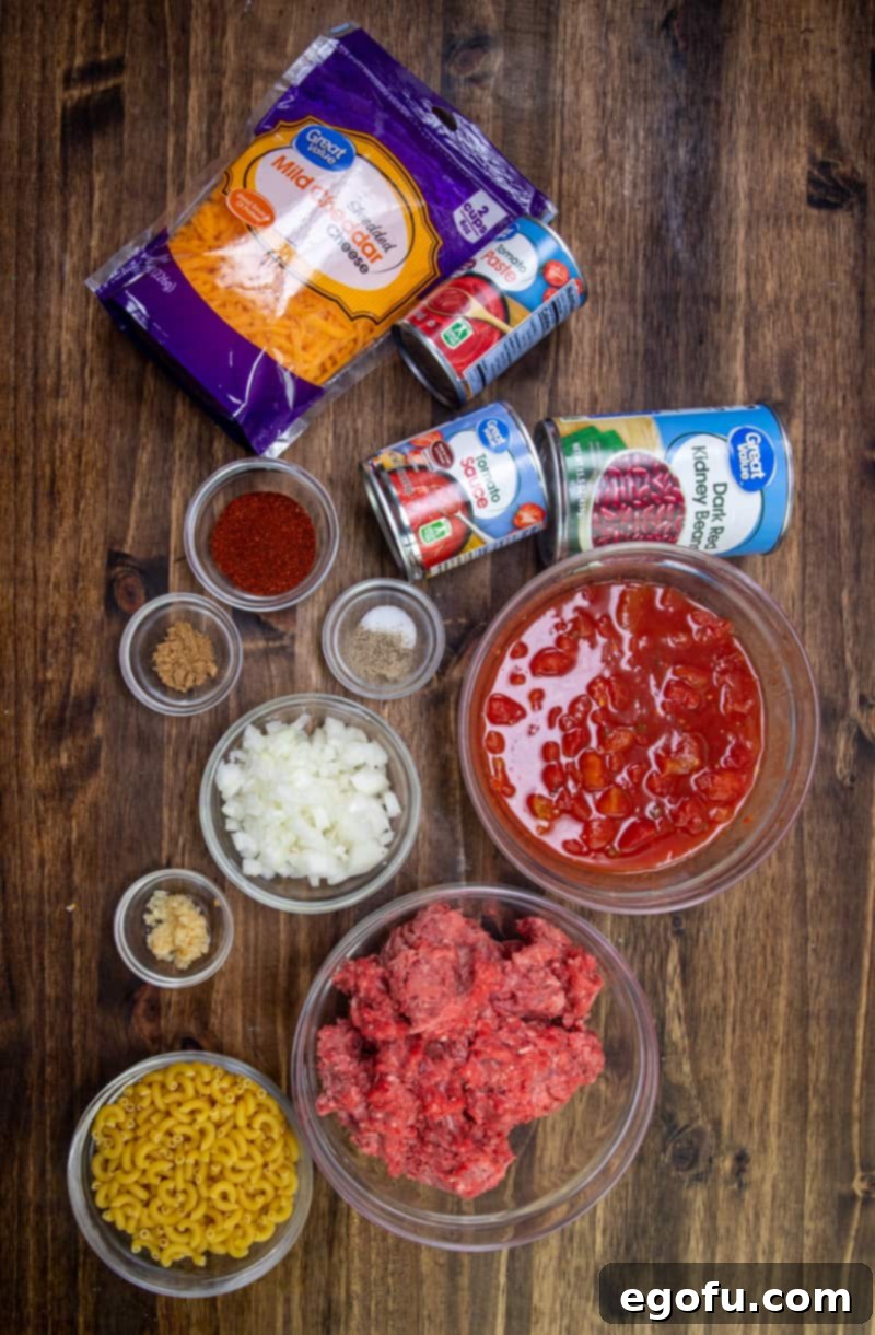 Individual ingredients for Chili Mac: macaroni pasta noodles, ground beef, onion, garlic, kidney beans, diced tomatoes, tomato sauce, tomato paste, chili powder, ground cumin, salt and pepper, shredded cheddar cheese arranged on a counter.