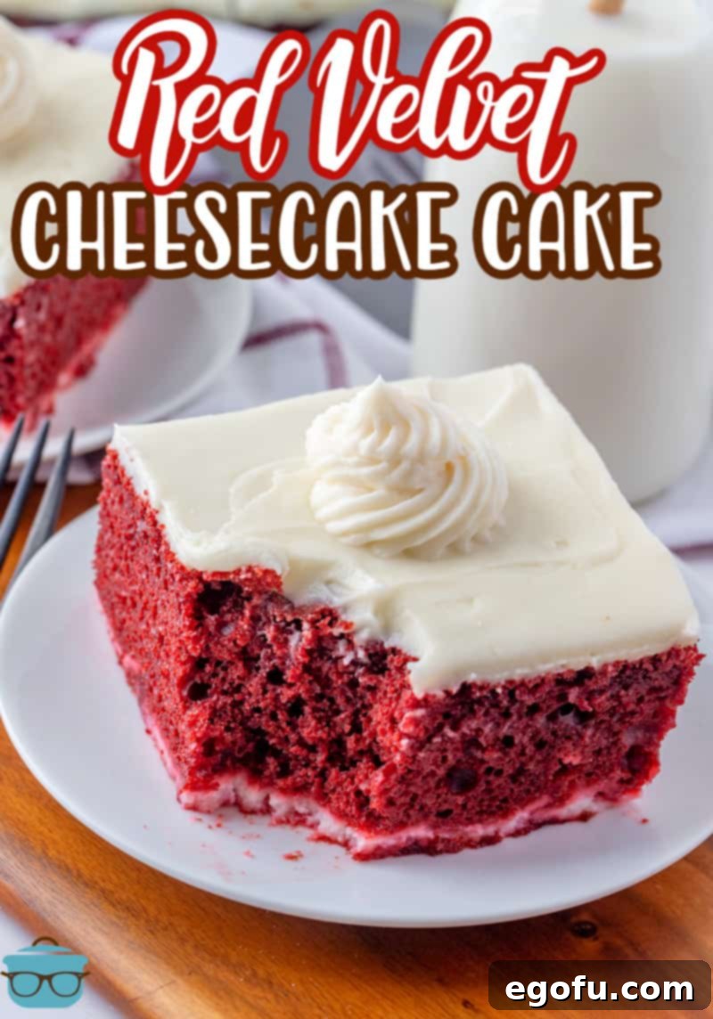 Red Velvet Cheesecake Fusion 3 a slice of red velvet cheesecake cake on a small round white plate with a small piece removed.