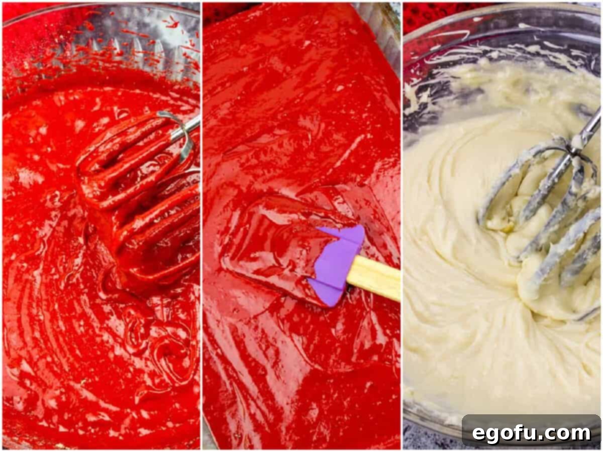 Red Velvet Cheesecake Fusion 5 a collage of three photos: red velvet cake mix batter in a bowl, spread red velvet cake batter in a glass baking dish, cream cheese filling being mixed with a hand mixer in a bowl.