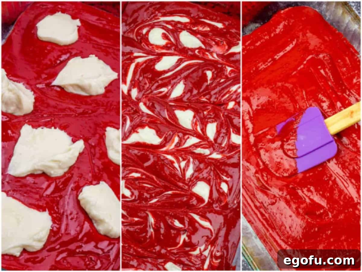 Red Velvet Cheesecake Fusion 6 a collage of three photos: dollops of cream cheese filling on red velvet cake batter in baking dish, swirled cream cheese filling in cake batter. spreading the rest of the cake batter on top of the cream cheese filling.