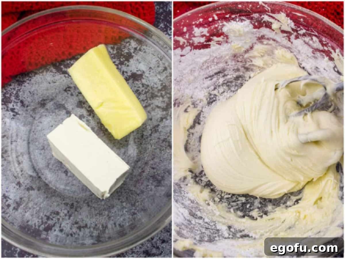 Red Velvet Cheesecake Fusion 7 a college of two photos: cream cheese and butter in a clear bowl, cream cheese and butter fully mixed together with a hand mixer in a bowl.