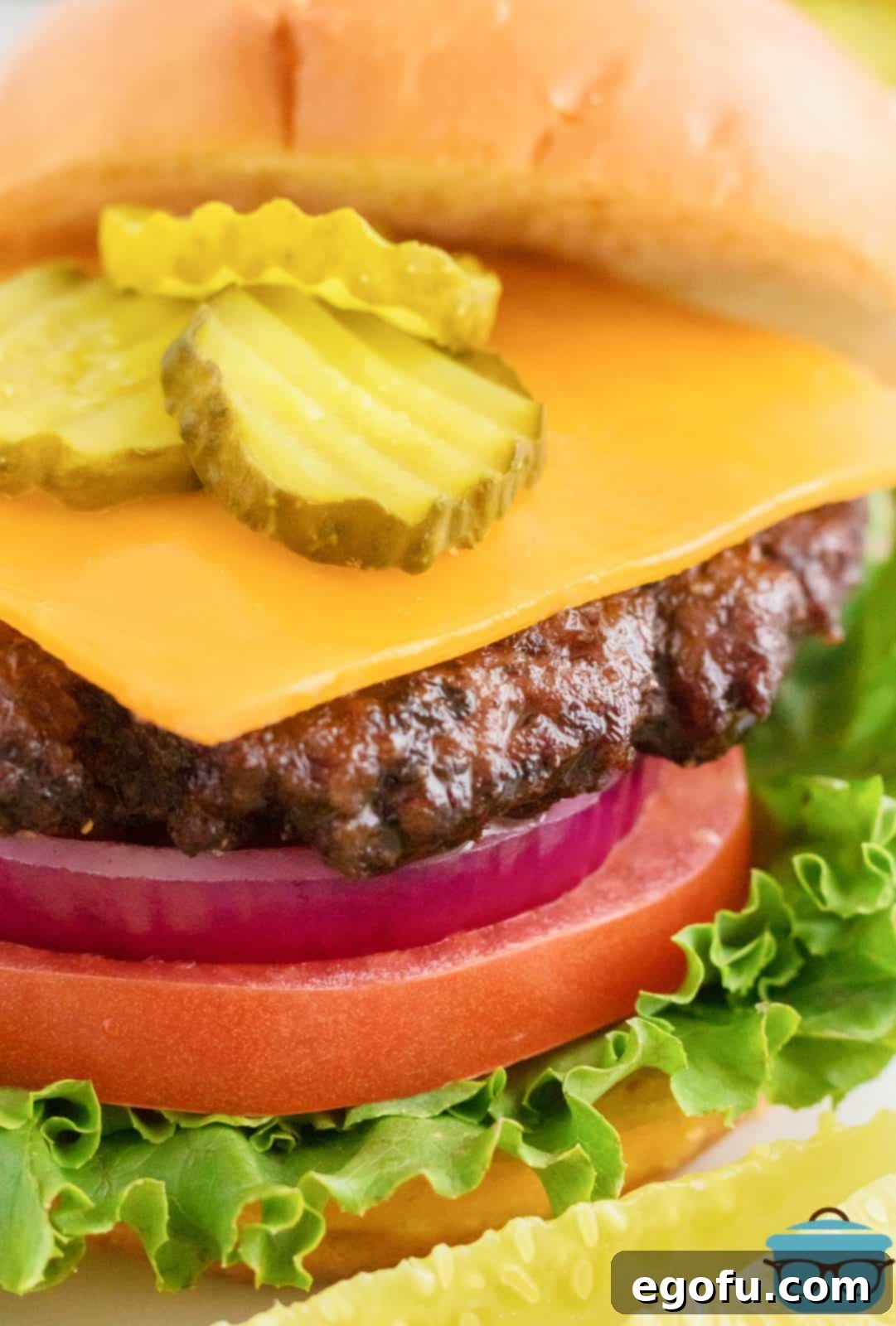 A close-up side view of a finished Air Fryer Hamburger, highlighting its golden-brown patty, melted cheese, and fresh toppings nestled within a toasted bun.