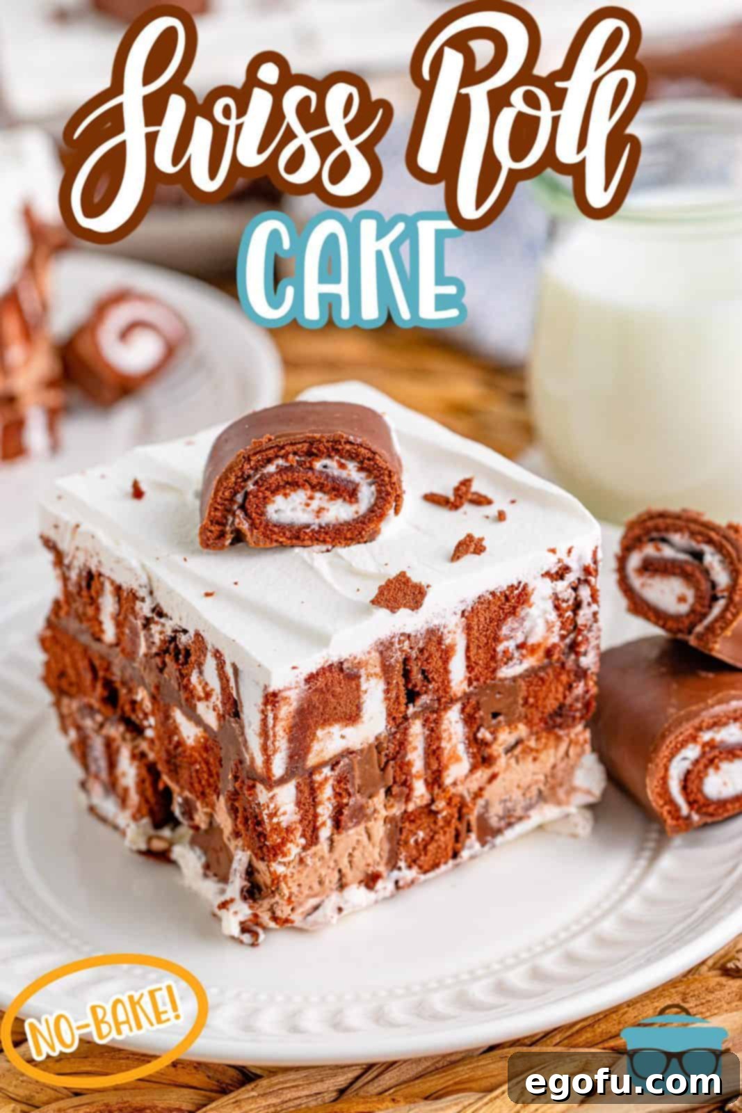 Easy No-Bake Swiss Roll 3 Pinterest image of slice of No-Bake Swiss Roll Cake on white plate with swiss cake rolls besides slice.