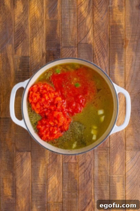Diced tomatoes, tomato sauce, chicken broth and seasonings added to soup pot.
