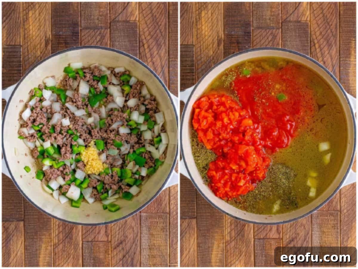 Collage showing cooked ground beef, onions, green pepper, and garlic in a Dutch oven pot, followed by chicken broth, diced tomatoes, tomato sauce, and seasonings being added to the pot.