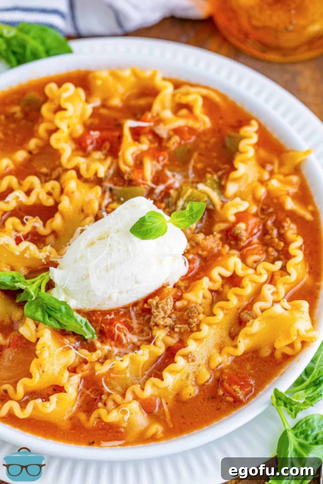 Close up of a bowl of pasta soup with ricotta cheese and some basil leaves.