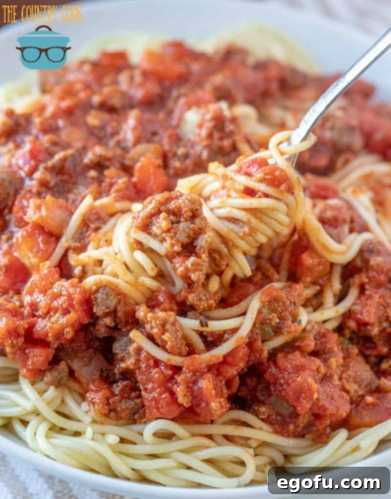 Easy Homemade Spaghetti Sauce with Ground Beef shown mixed together with spaghetti. 