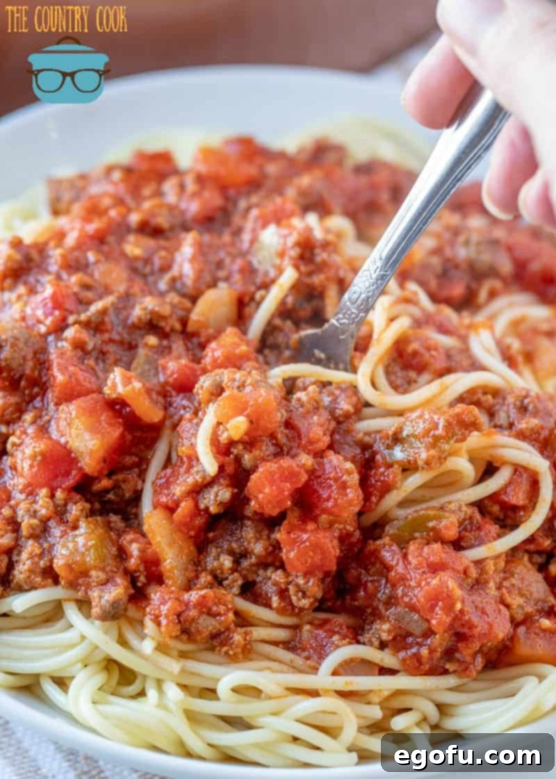 Homemade Spaghetti Sauce on spaghetti noodles being twirled on a fork.