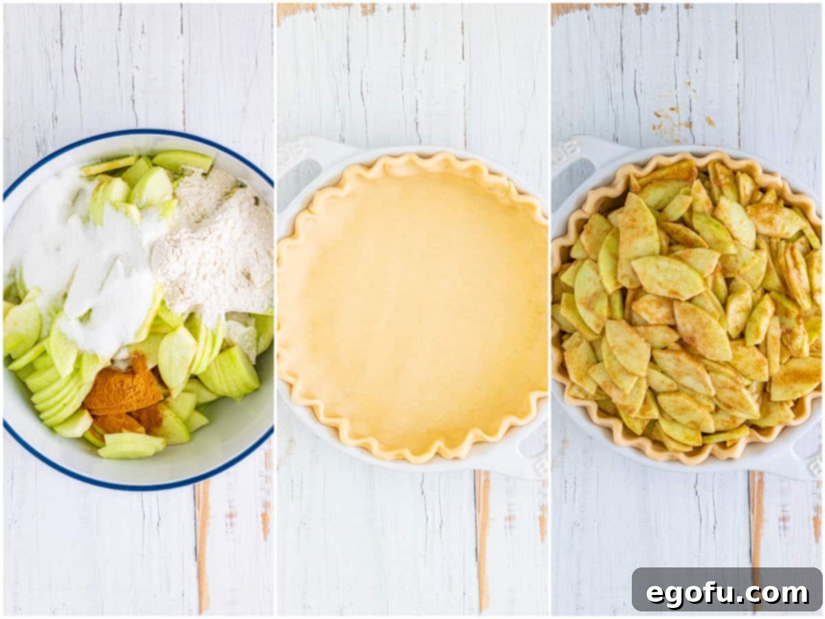 A four-panel collage showing the apple pie filling preparation: sliced green apples in a bowl, then flour, sugar, and cinnamon added, followed by a pie crust in a white dish, and finally, the apple filling neatly placed into the pie crust.