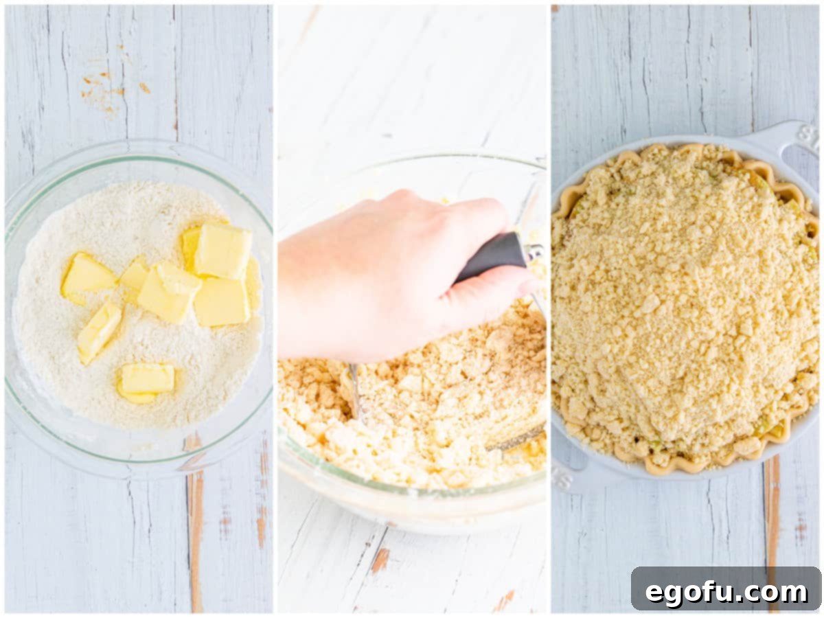 A three-panel collage demonstrating the crumble topping process: cubed butter with flour and sugar, a pastry cutter blending the ingredients, and the finished crumble topping sprinkled over the apple pie filling.