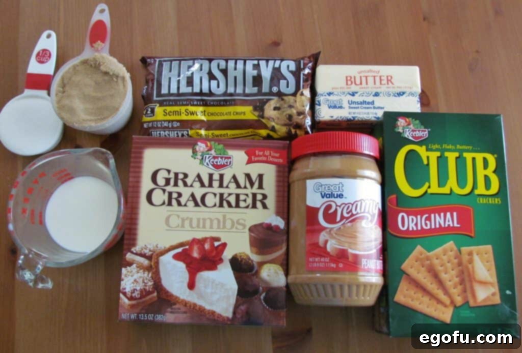 club crackers, butter, light brown sugar, sugar, milk, graham cracker crumbs, creamy peanut butter, semi-sweet chocolate chips