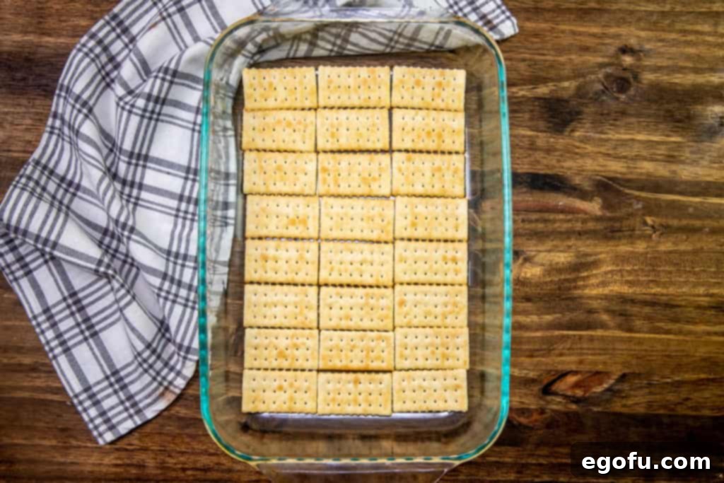 club crackers in a single layer on the bottom of a clear baking dish