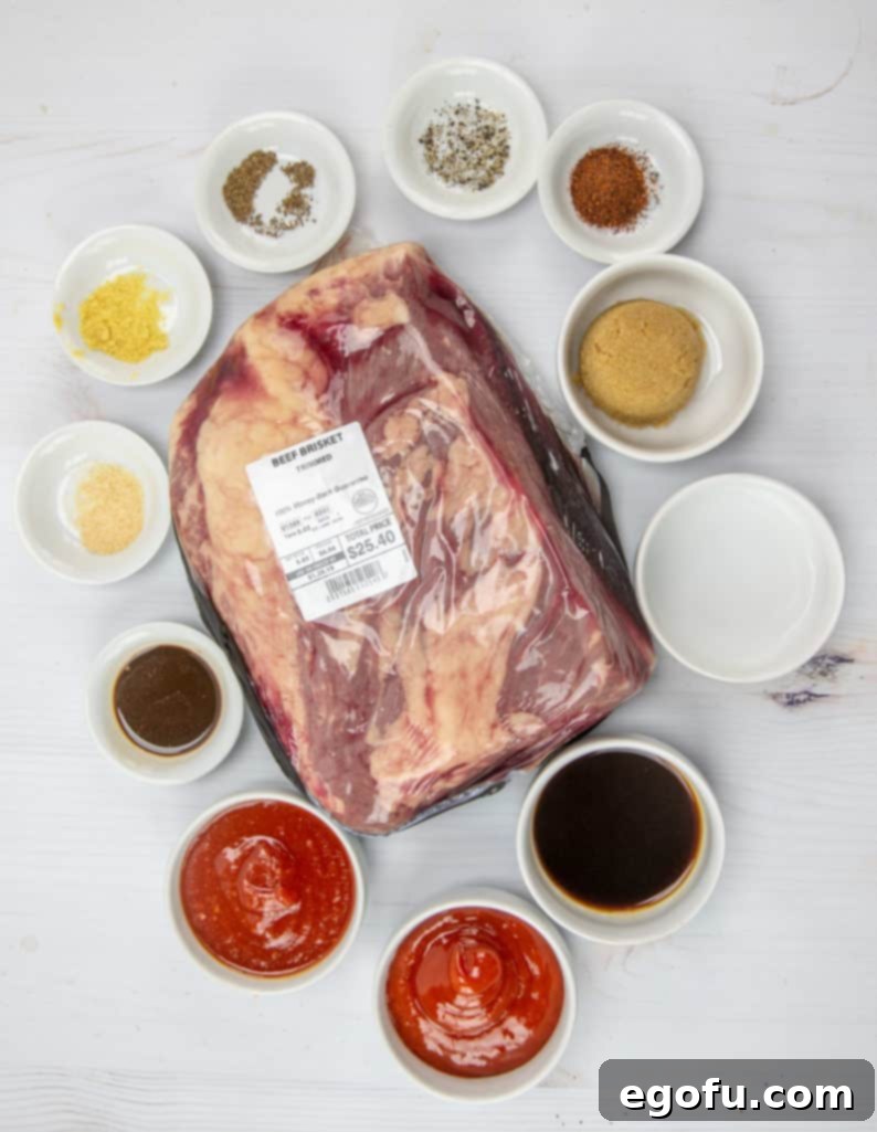 BBQ Beef Brisket, BBQ sauce ingredients, beef brisket, barbecue rub, chili powder, garlic powder, celery seeds, black pepper, ketchup, chili sauce, brown sugar, dry mustard, vinegar, Worcestershire sauce, liquid smoke