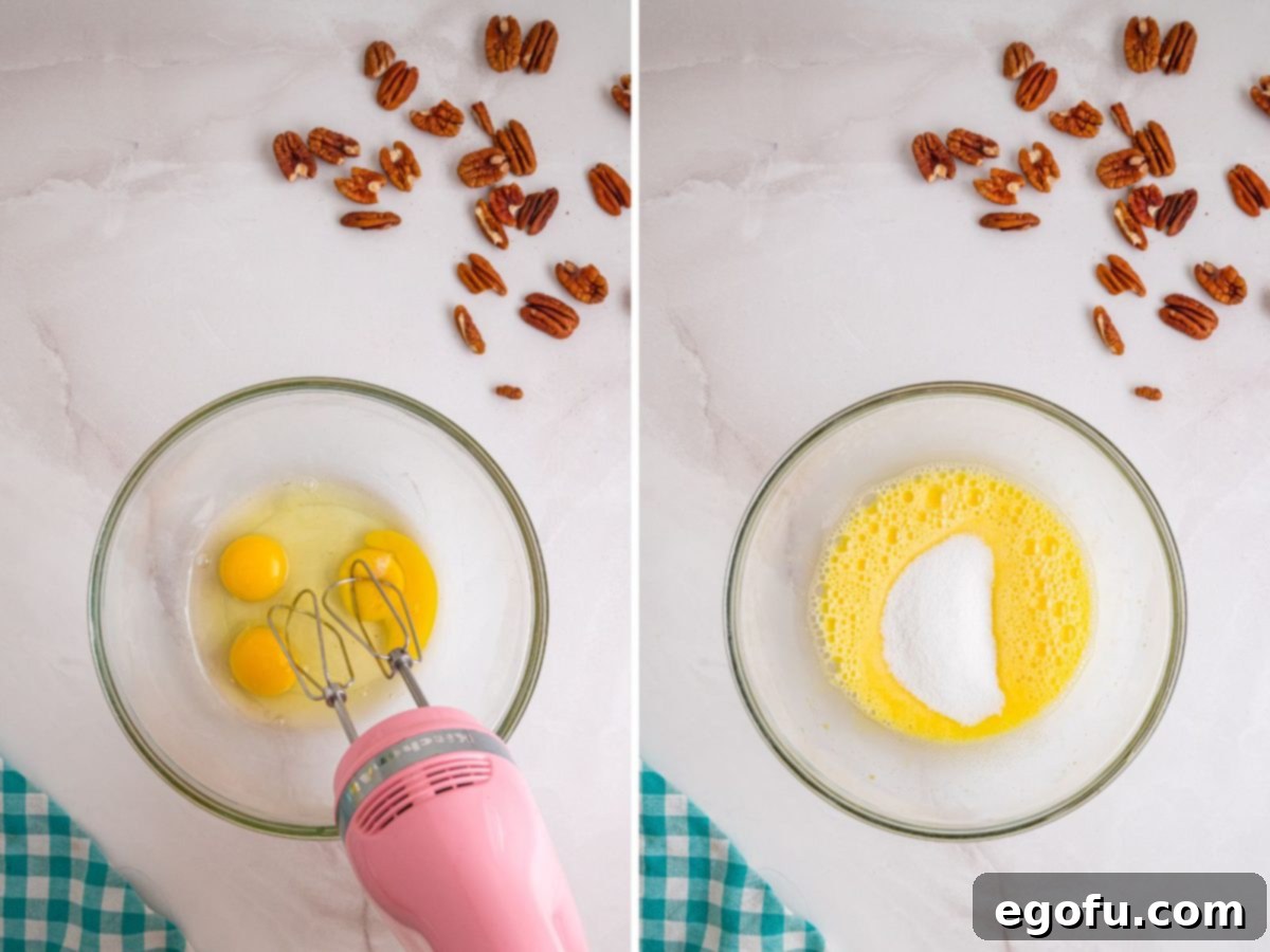 Rich Southern Chocolate Dream 6 Fresh eggs being beaten with granulated sugar in a large mixing bowl using an electric mixer, creating a pale and frothy mixture.