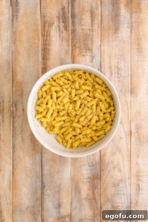 A bowl of cooked Rotini pasta.