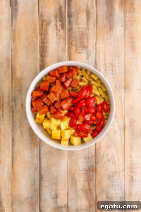 Cooked pasta, sliced tomatoes, pepperoni slices, and mozzarella pieces in a bowl.