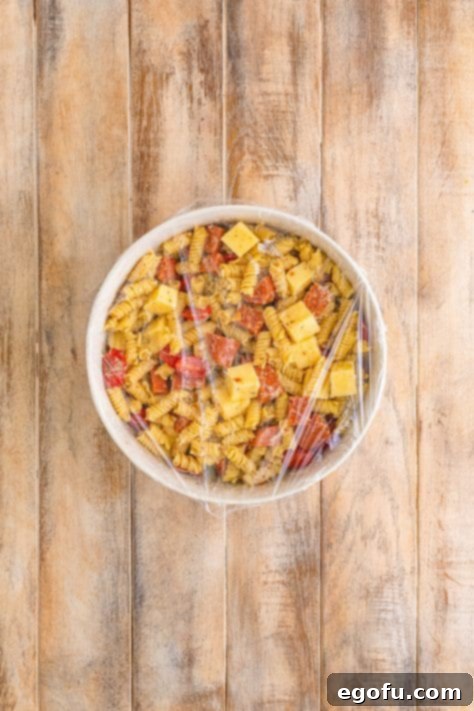 A finished Pepperoni Pasta Salad in a bowl.