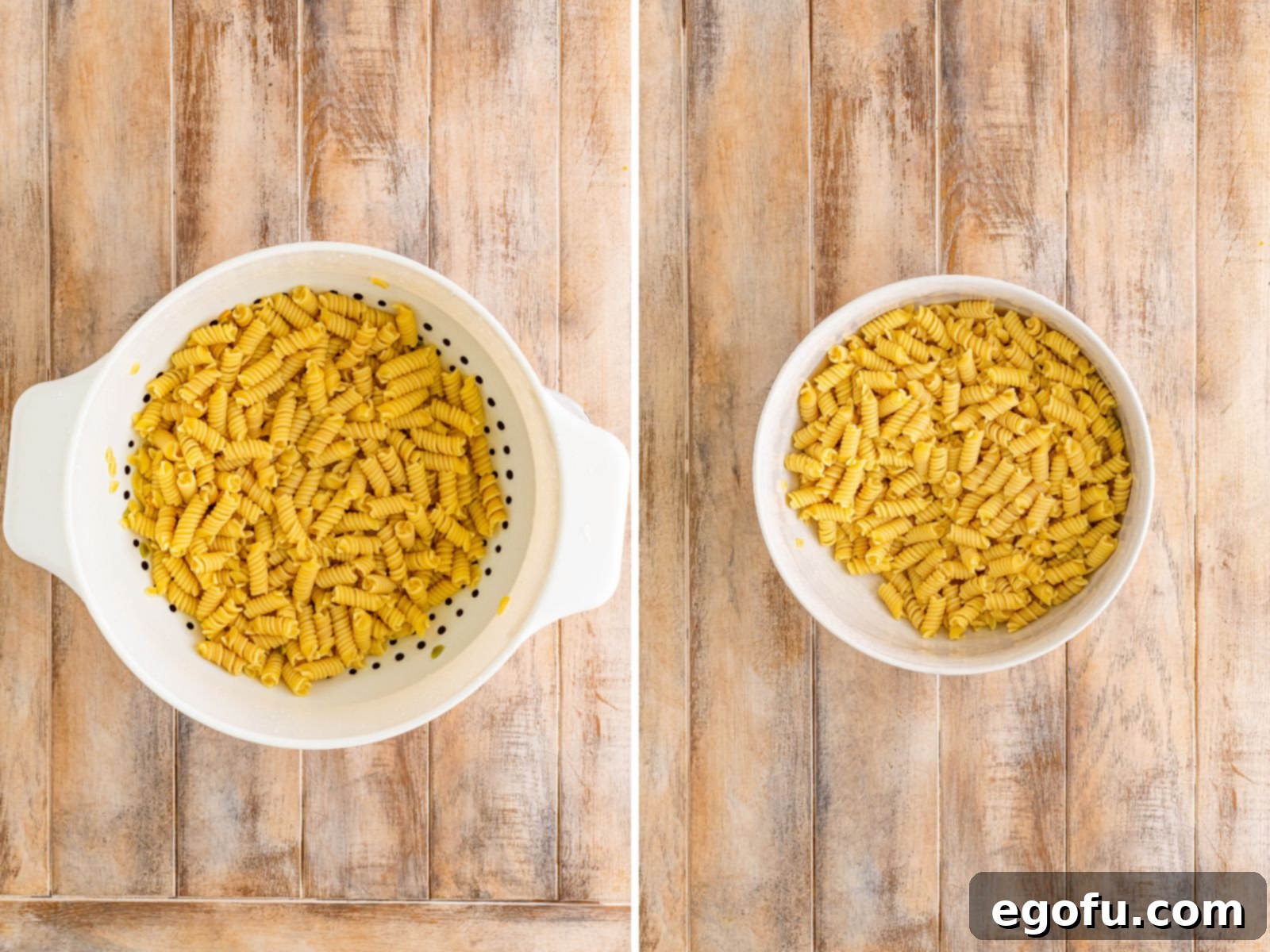 A strainer with cooked Rotini and a bowl of cooked pasta. 