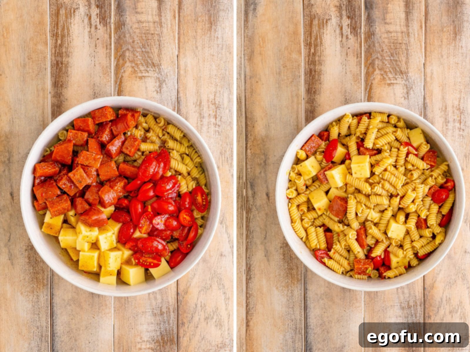 A bowl of pasta, tomatoes, pepperoni and mozzarella and a bowl of pepperoni pasta salad all mixed up.