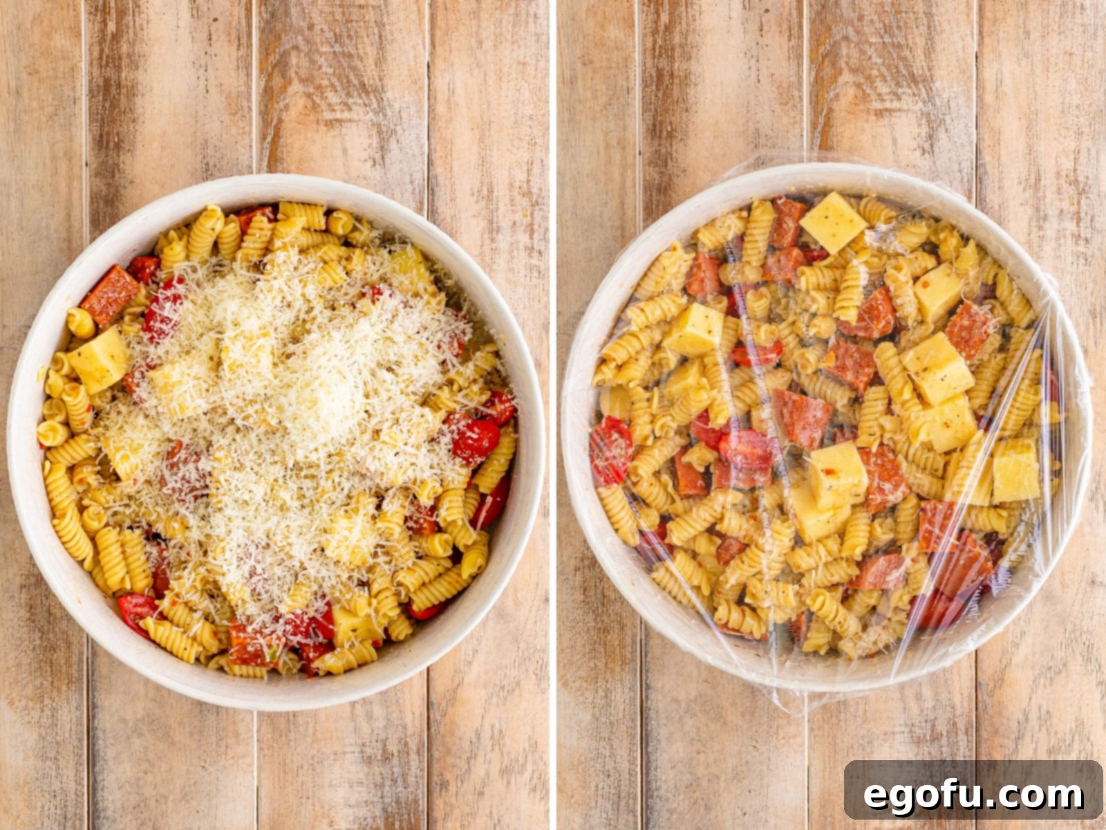 A bowl with pasta salad and grated parmesan cheese on top and a bowl of Pizza Pasta Pepperoni Salad covered with plastic wrap. 
