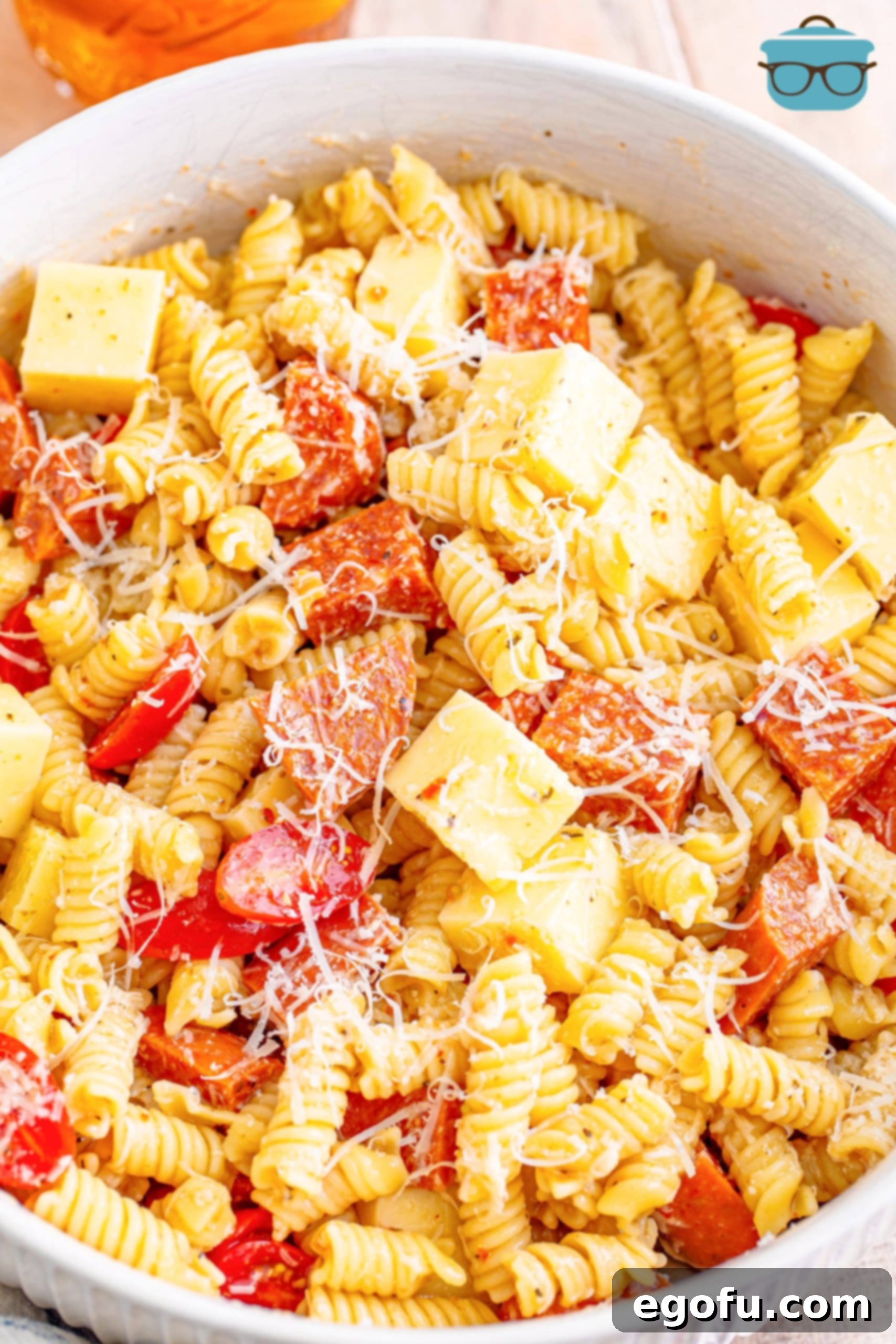 A large serving bowl of Pepperoni Pizza Pasta Salad. 