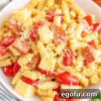 Looking down on a bowl of Pepperoni PIzza Pasta Salad.