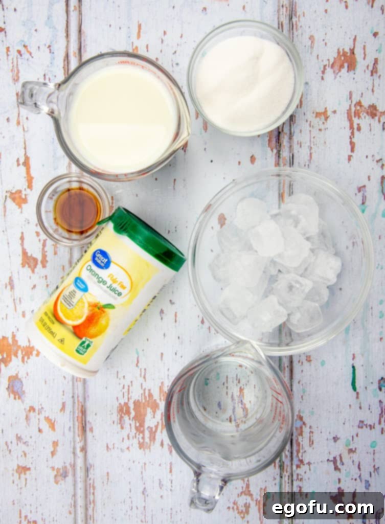 The Best Homemade Orange Julius 4 Frozen orange juice concentrate, milk, water, sugar, vanilla extract, ice cubes.