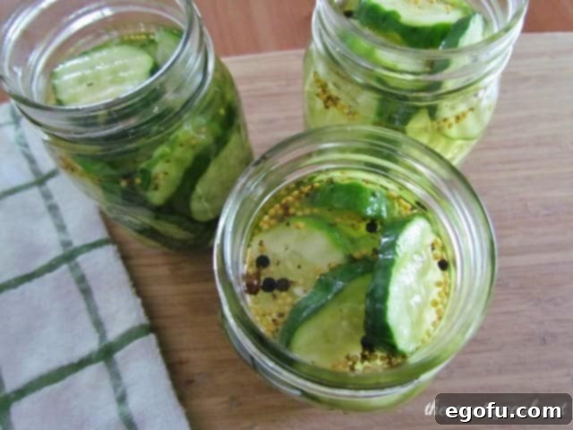 Sweet & Tangy Golden Slices 2 Freshly sliced cucumbers soaking in a vibrant bread and butter pickle brine inside mason jars, showcasing the initial stages of the pickling process.