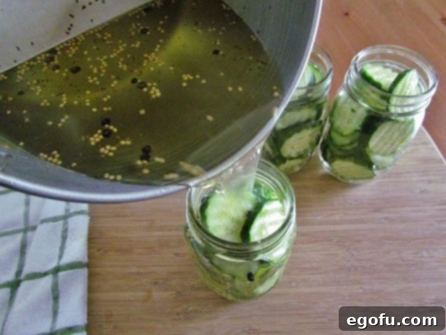 Sweet & Tangy Golden Slices 16 Hot pickling brine being carefully poured over neatly sliced cucumbers already packed into mason jars, beginning the pickling process.
