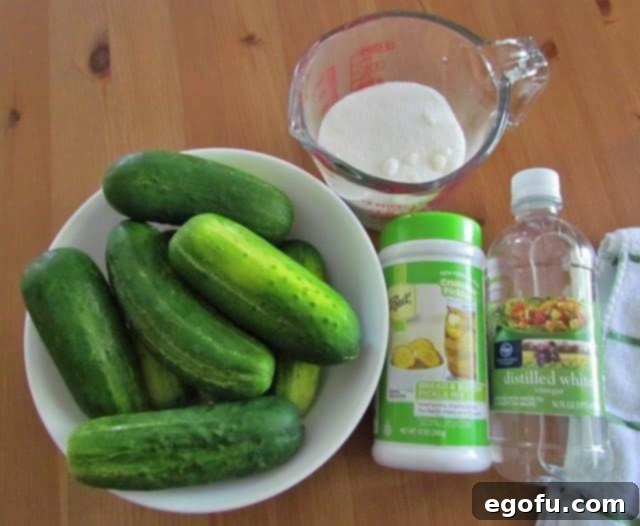 Sweet & Tangy Golden Slices 5 Individual components laid out for bread and butter pickles: crisp cucumbers, a bottle of white vinegar, a container of bread and butter seasoning, and a bowl of granulated sugar, arranged on a rustic surface.